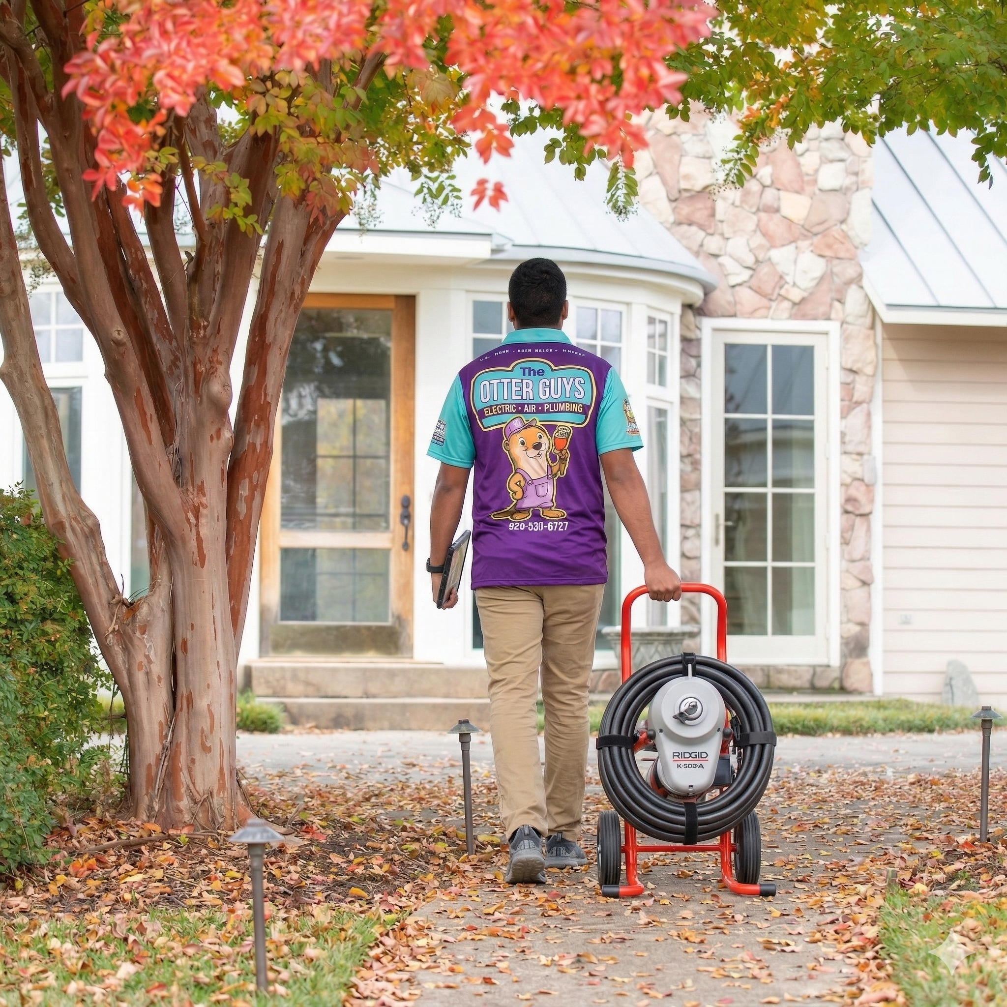 Otter Guys plumber approaching home with professional drain cleaning equipment